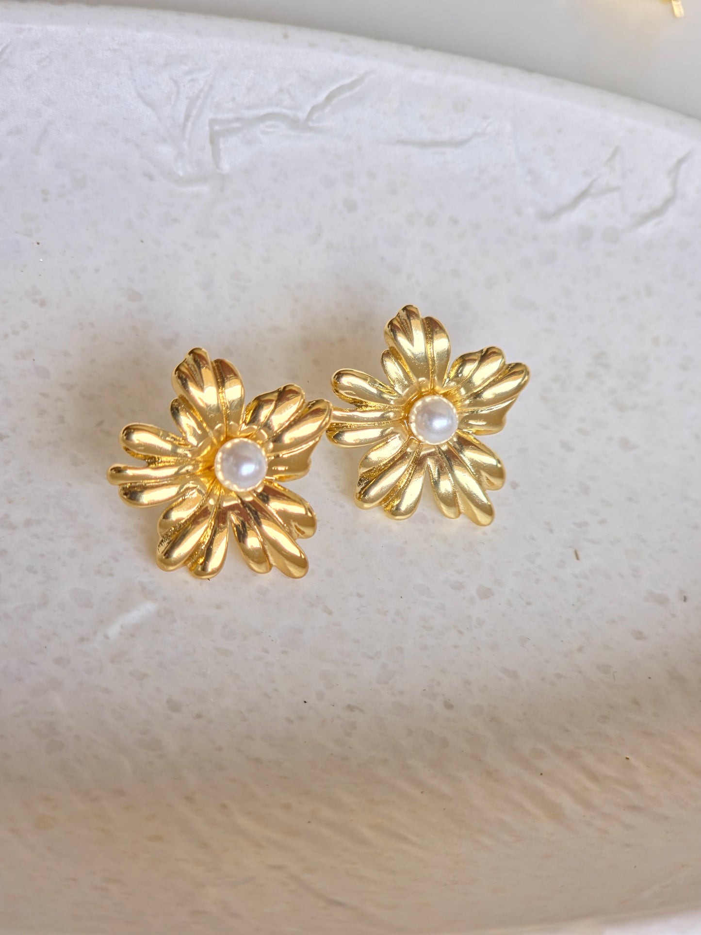Golden Floral Pearl Stud Earrings – Handcrafted Artisanal Jewellery