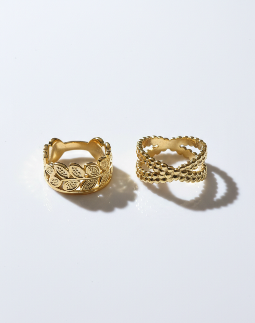 Handcrafted Gold Leaf & Beaded Ring Set – Artisanal Nature-Inspired Design