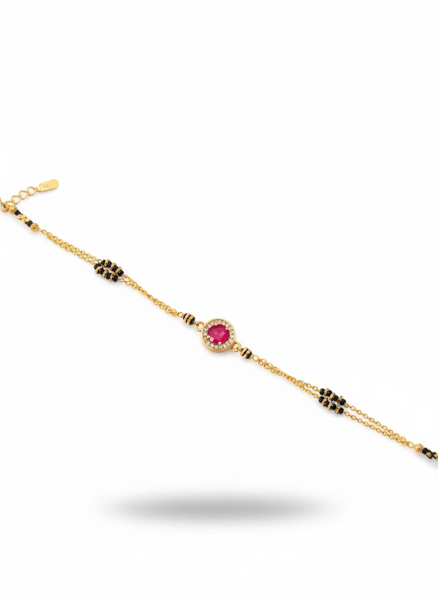 Gold-Plated Ruby Crystal Chain Bracelet with Black Bead Detailing | Elegant Women Bracelet