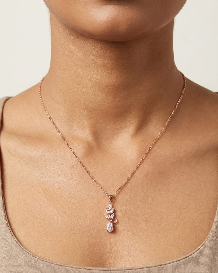 Rose Gold Crystal Leaf Drop Pendant Necklace