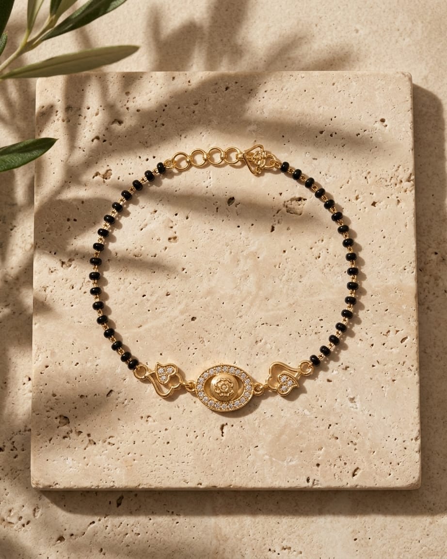 Evil Eye Heart Charm Black Bead Bracelet