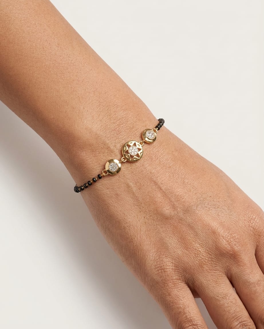 Gold-Plated Heart Design mangalssutra Bracelet with Black Beads | Elegant Women’s Chain Bracelet