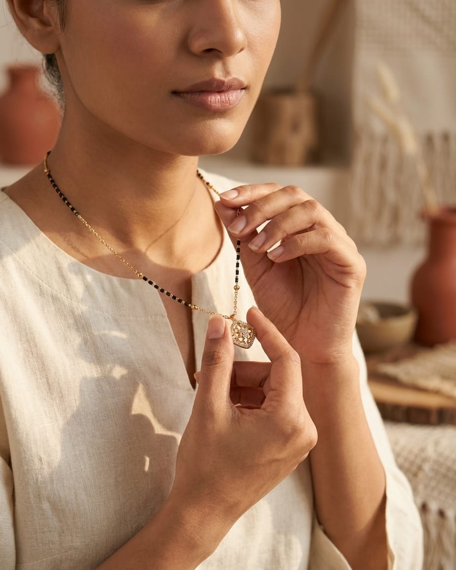 Celestial Bloom 18K Gold Plated Black Bead Mangalsutra Necklace