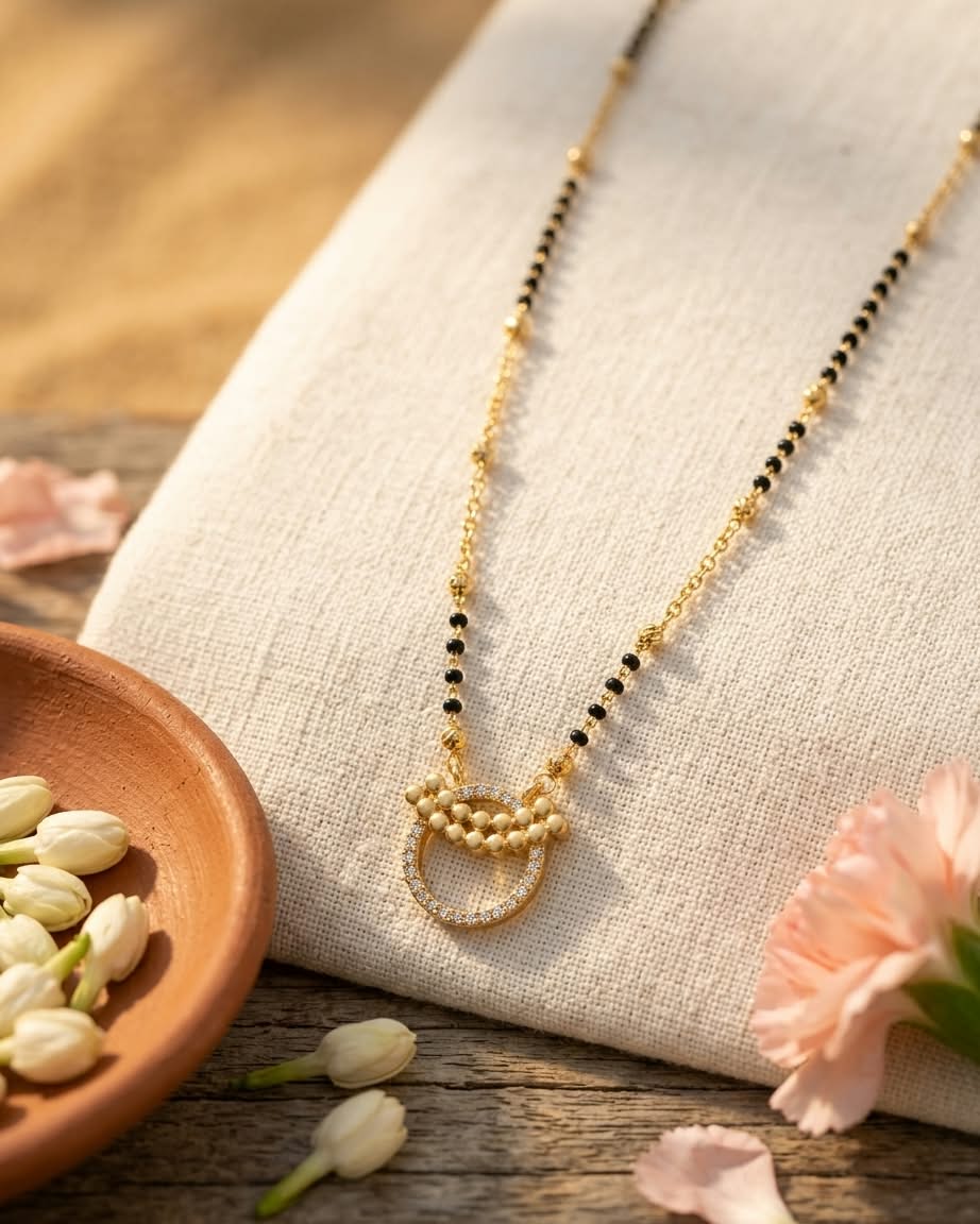 Elegant Gold & Black Beaded Circle Pendant Mangalsutra