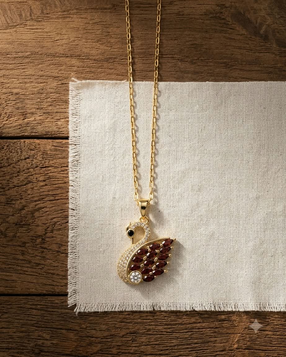 Elegant Swan Ruby Crystal Pendant Necklace