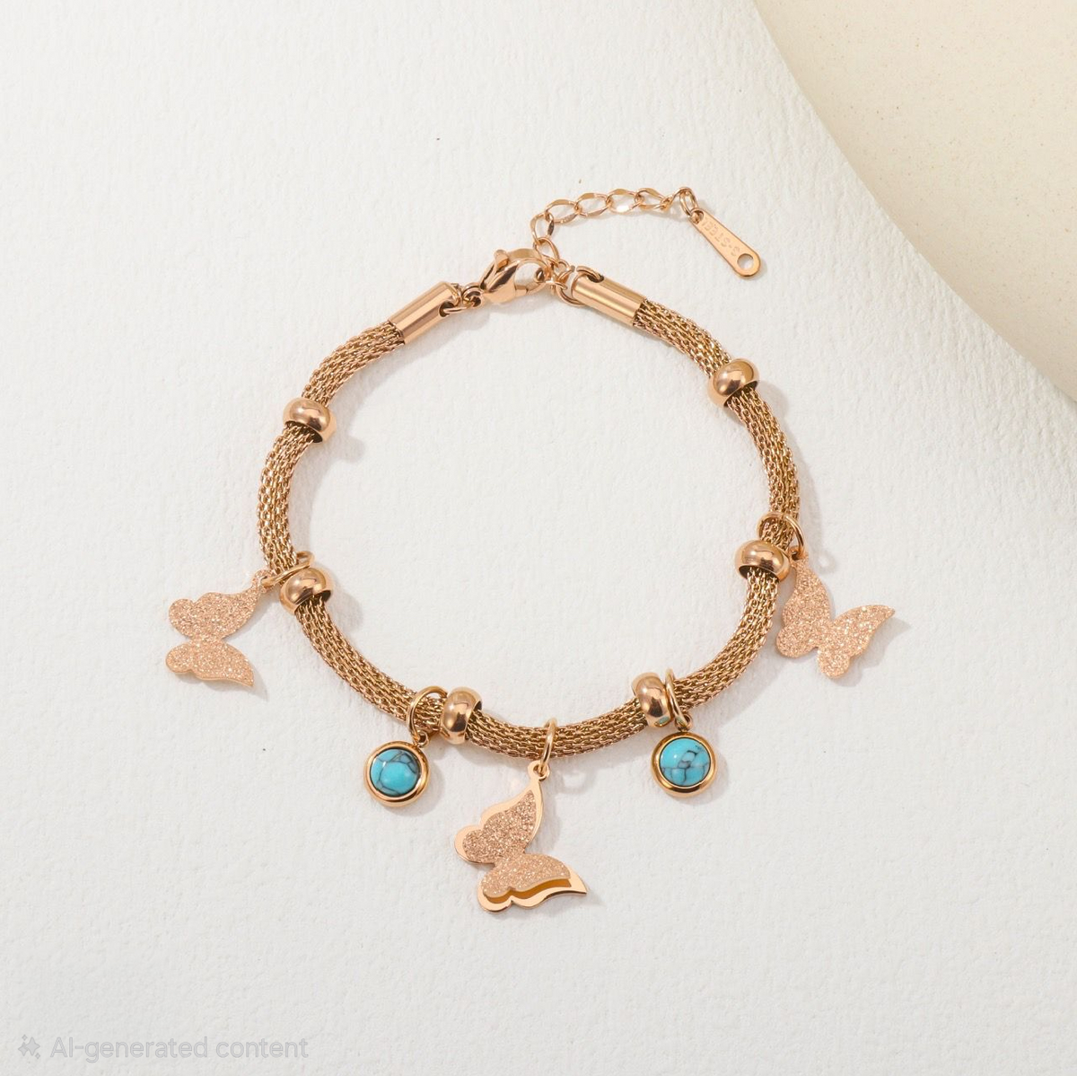 Rose Gold Butterfly Charm Bracelet with Turquoise Stones | Adjustable Women Bracelet