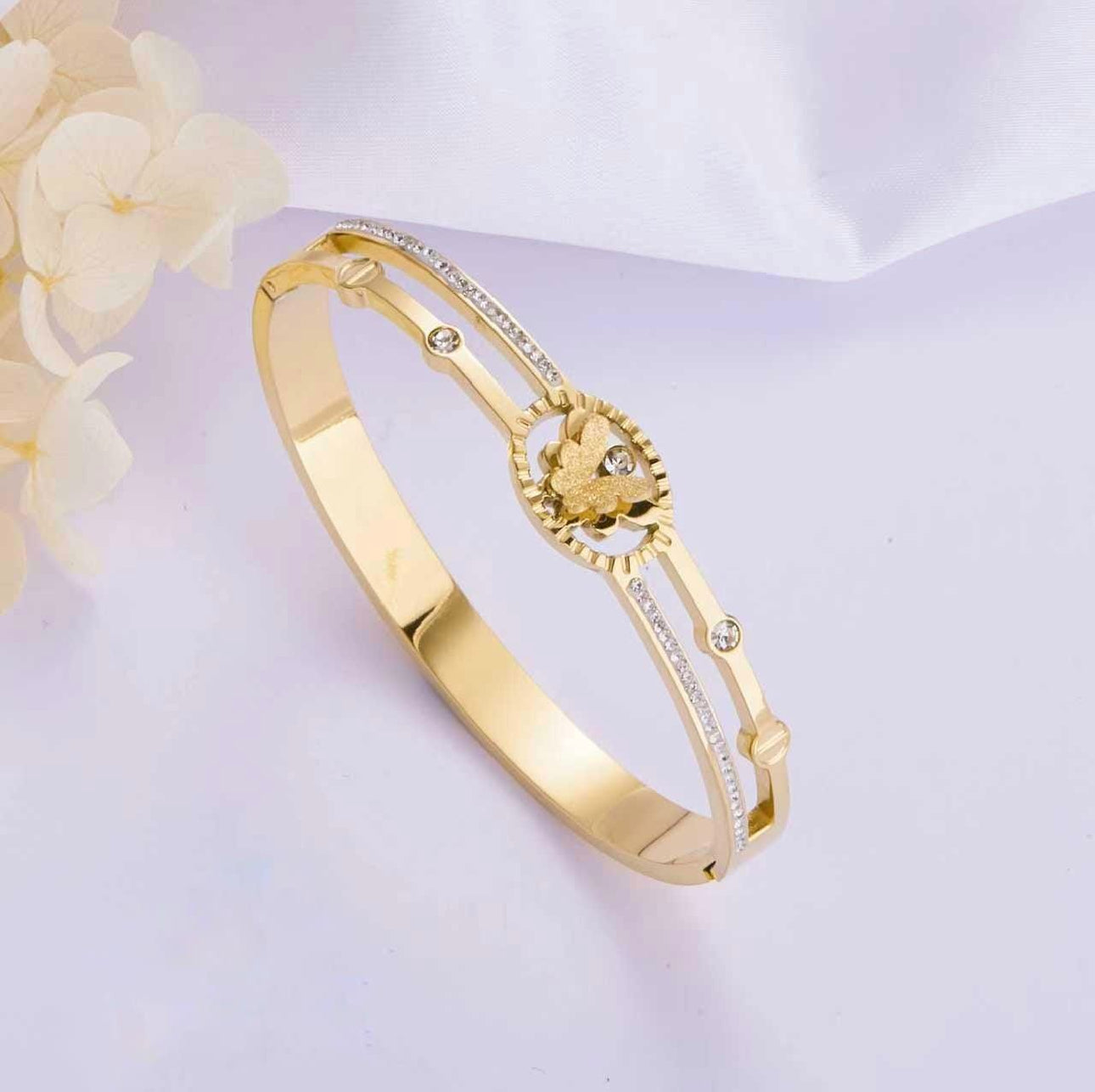 Gold-Plated Butterfly Cuff Bracelet with Crystal Detailing | Elegant Women Bracelet