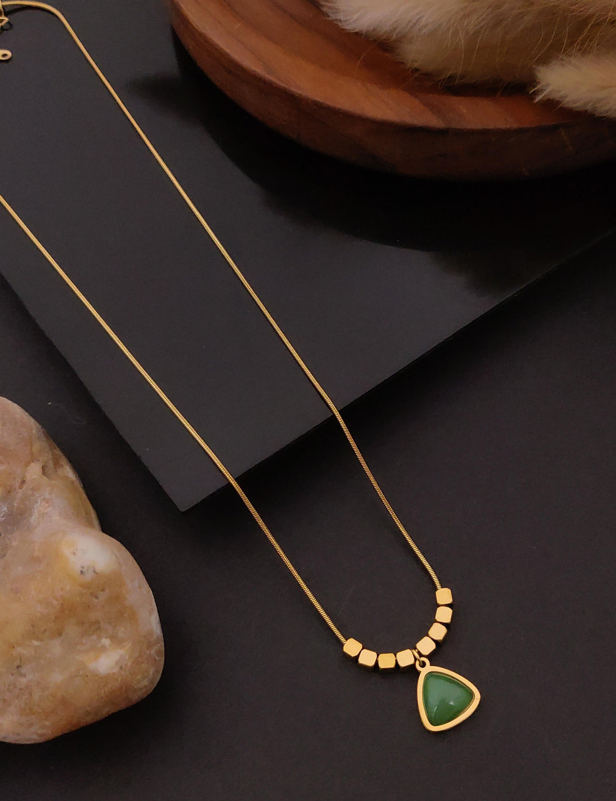 Minimal Artisanal Gold Necklace with Green Gemstone Pendant