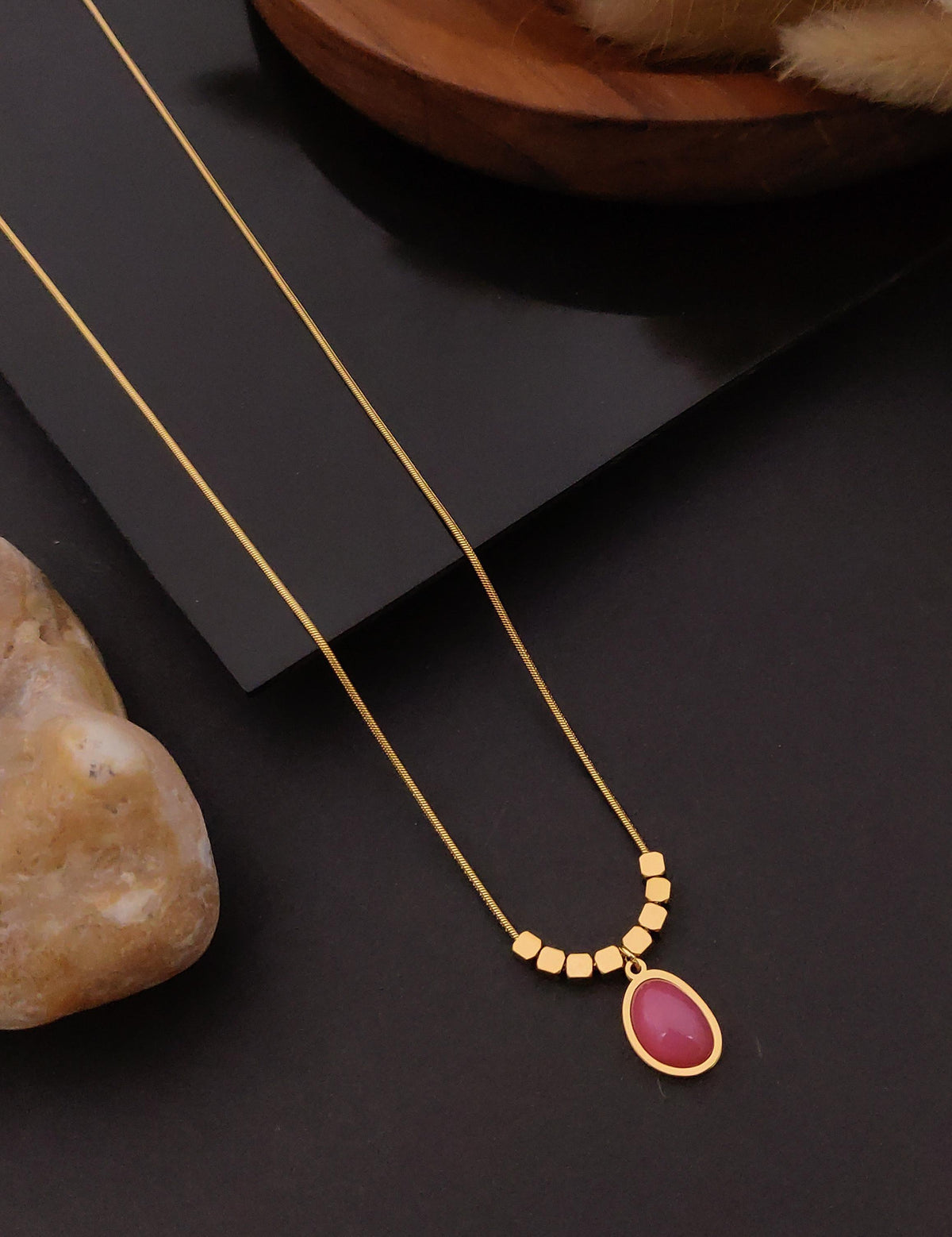 Pink Gemstone Minimal Gold Necklace – Handcrafted Artisanal Jewellery