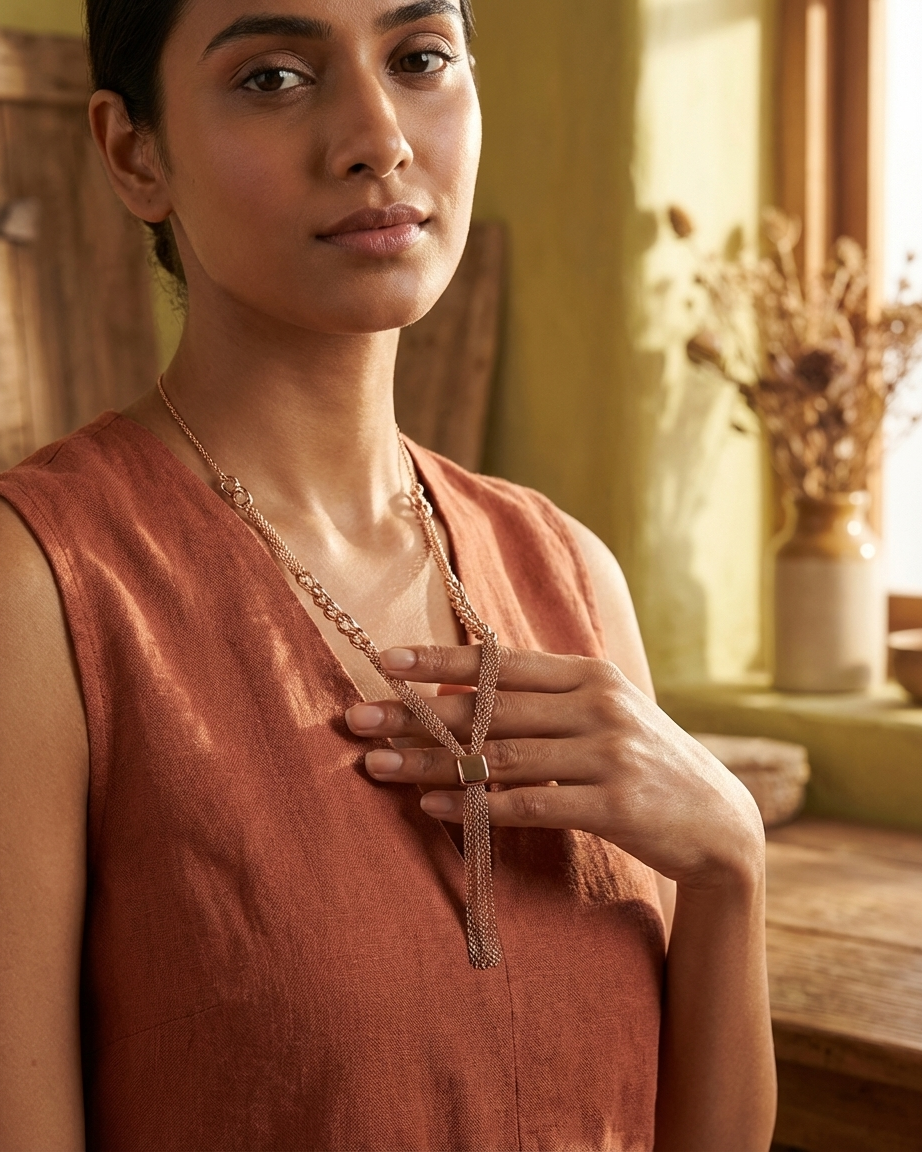 Rose Gold Tassel Necklace – Minimal Chain Link Pendant with Mesh Tassel | Elegant Modern Jewellery