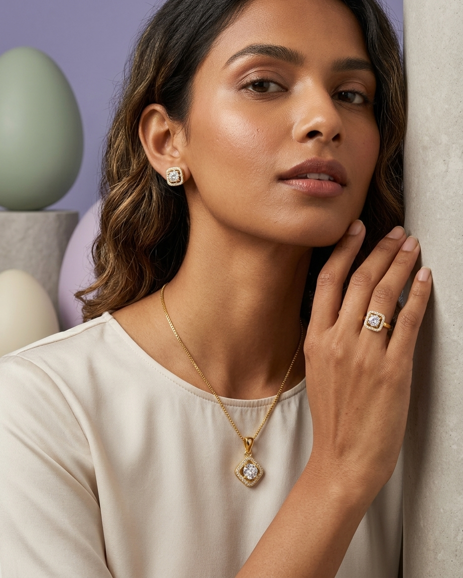Luxury Diamond-Style Jewellery Set – Gold Pendant Necklace, Stud Earrings & Ring | Elegant Bridal & Party Set
