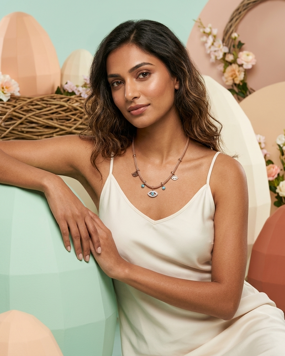 Evil Eye Protection Necklace – Gold Mesh Chain with Blue Charm & Eye Pendants | Boho Luxury Jewellery