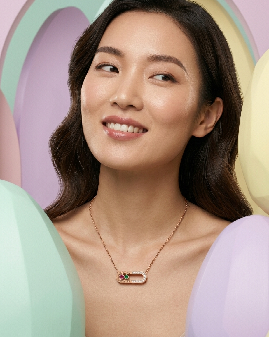 Minimal Link Pendant Necklace – Rose Gold Chain with Dual Gemstones & Crystal Detailing | Elegant Everyday Jewellery