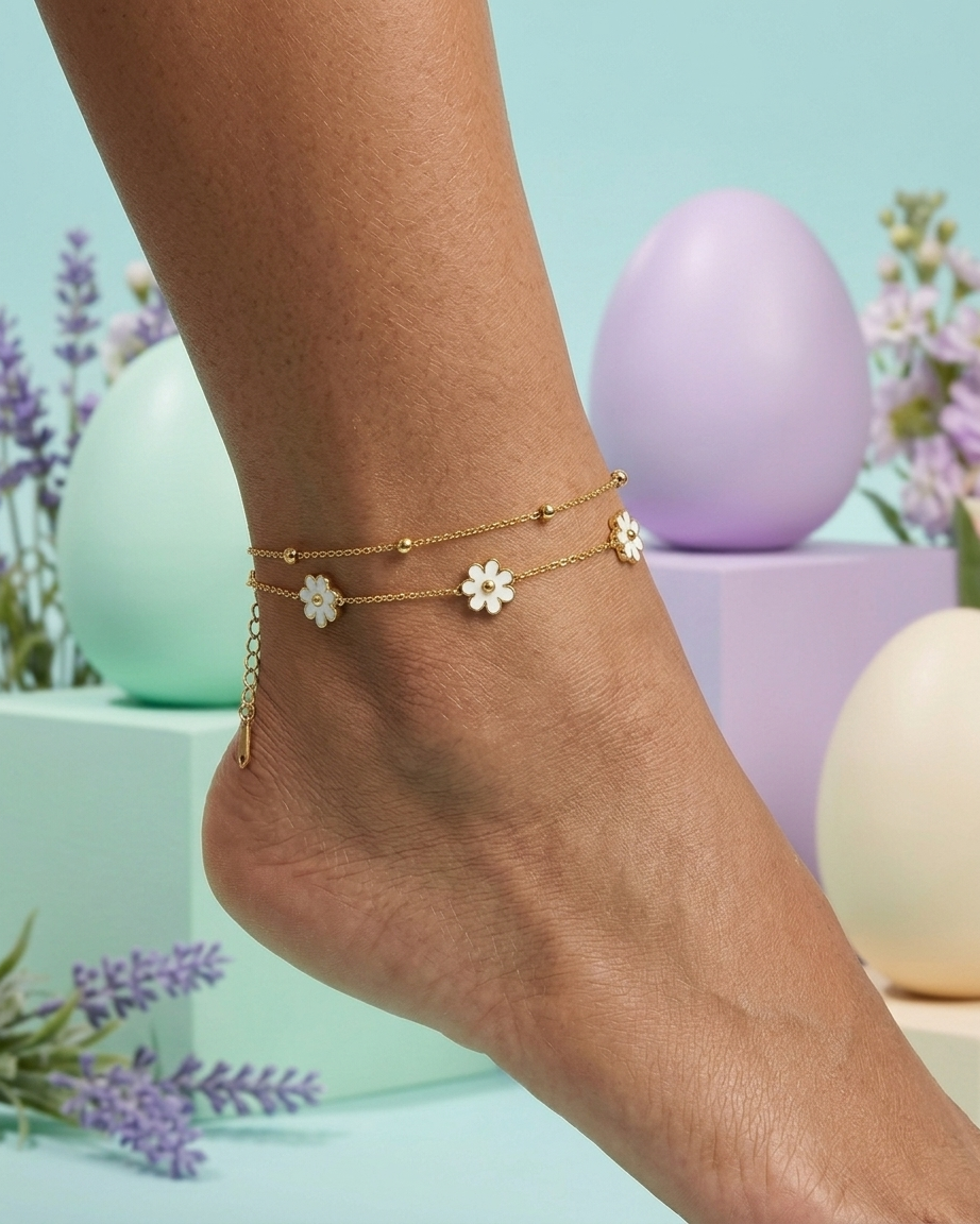 Gold Floral Dual Chain Anklet – Cute Daisy Charm Anklet for Women | Adjustable Minimal Foot Jewellery