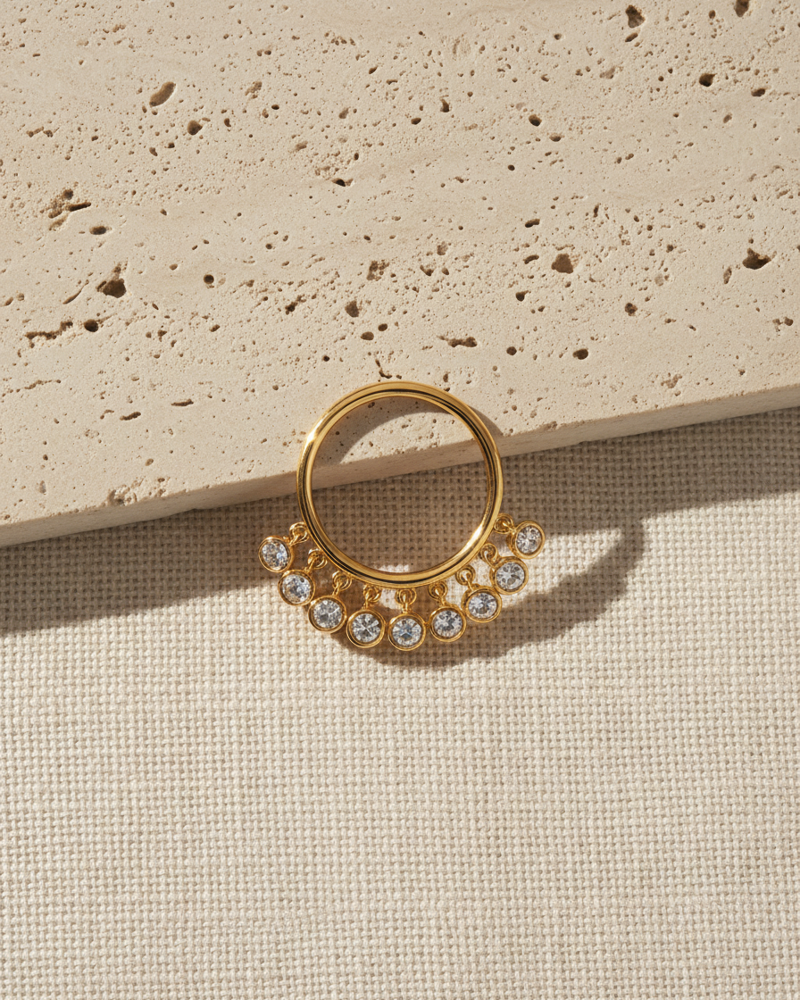Gold Dangling Crystal Ring – Elegant Minimal Statement Ring for Women