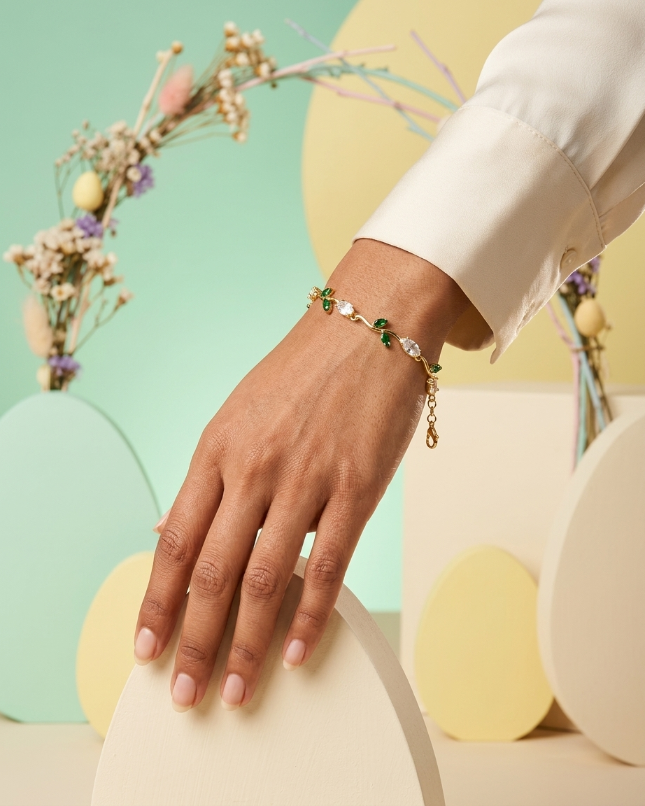Ivory Tulip Vine Bracelet – Gold Floral Bracelet with White & Green Stones