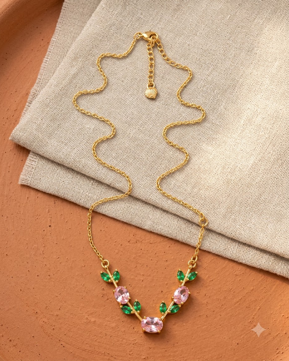 Pink Emerald Leaf Necklace – 18K Gold Plated Statement Necklace