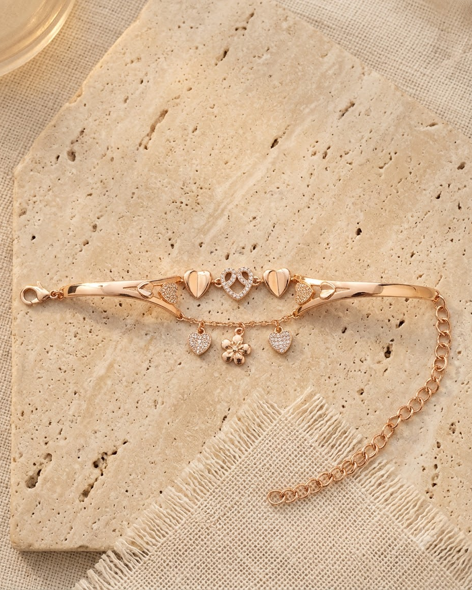 Rose Gold Heart & Flower Charm Bracelet