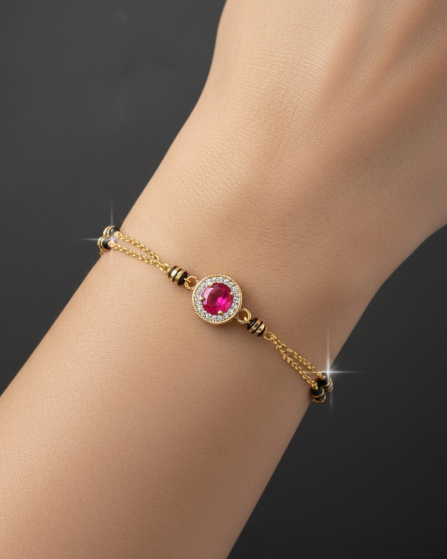 Gold-Plated Ruby Crystal Chain Bracelet with Black Bead Detailing | Elegant Women Bracelet