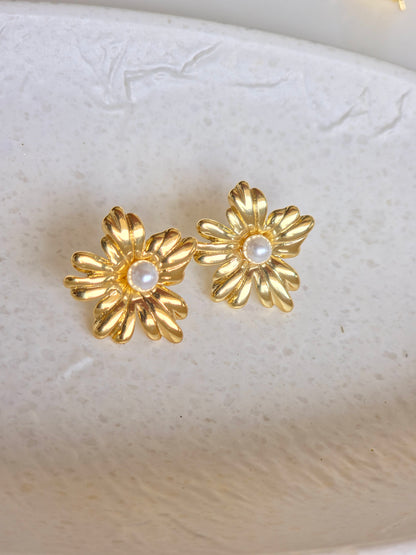 Golden Floral Pearl Stud Earrings – Handcrafted Artisanal Jewellery
