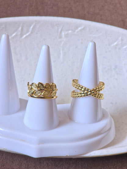 Handcrafted Gold Leaf & Beaded Ring Set – Artisanal Nature-Inspired Design