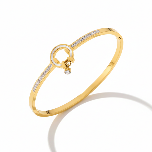 Gold-Plated Circular Lock Cuff Bracelet with Crystal Detailing | Elegant Women Bracelet