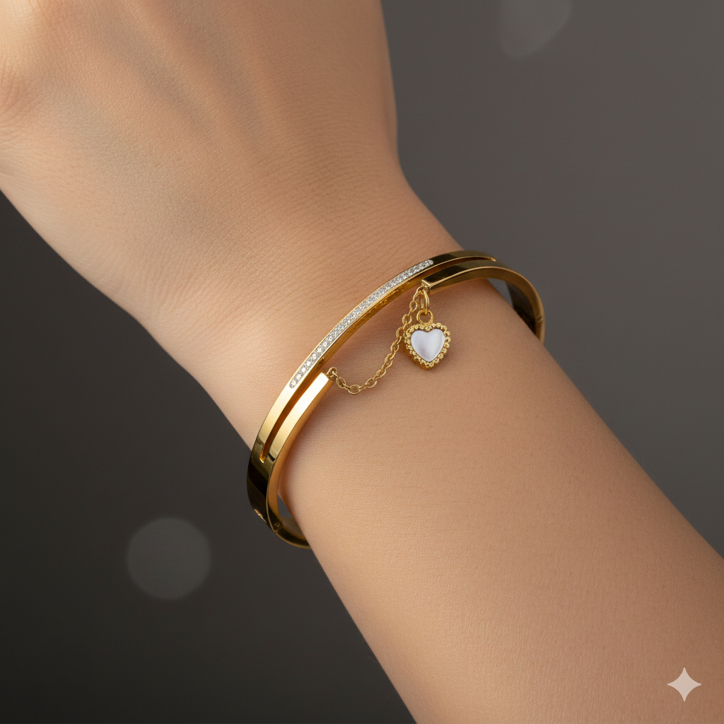 Gold-Plated Heart Charm Cuff Bracelet with Crystal Line | Elegant Women Bracelet