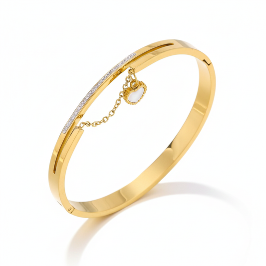 Gold-Plated Heart Charm Cuff Bracelet with Crystal Line | Elegant Women Bracelet