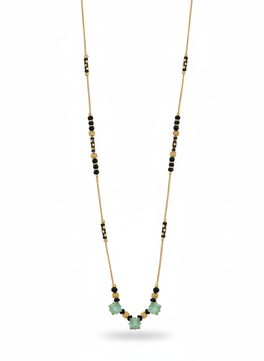 Gold-Plated Green Stone Mangalsutra Necklace with Black Beads
