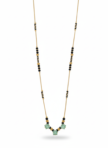 Gold-Plated Green Stone Mangalsutra Necklace with Black Beads