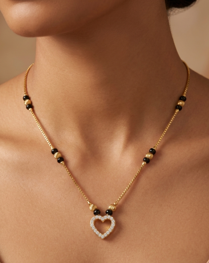 Heart Shape Gold Mangalsutra Necklace – Diamond Pendant Black Bead Necklace for Women