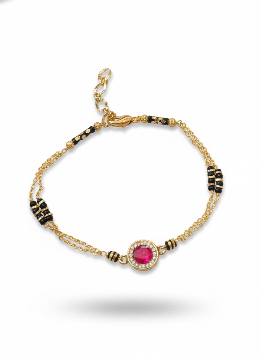 Gold-Plated Ruby Crystal Chain Bracelet with Black Bead Detailing | Elegant Women Bracelet