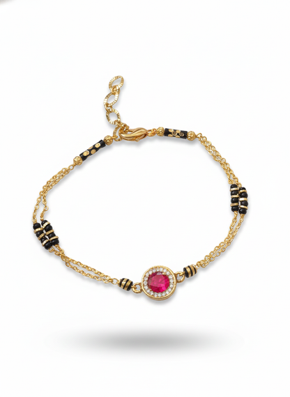 Gold-Plated Ruby Crystal Chain Bracelet with Black Bead Detailing | Elegant Women Bracelet