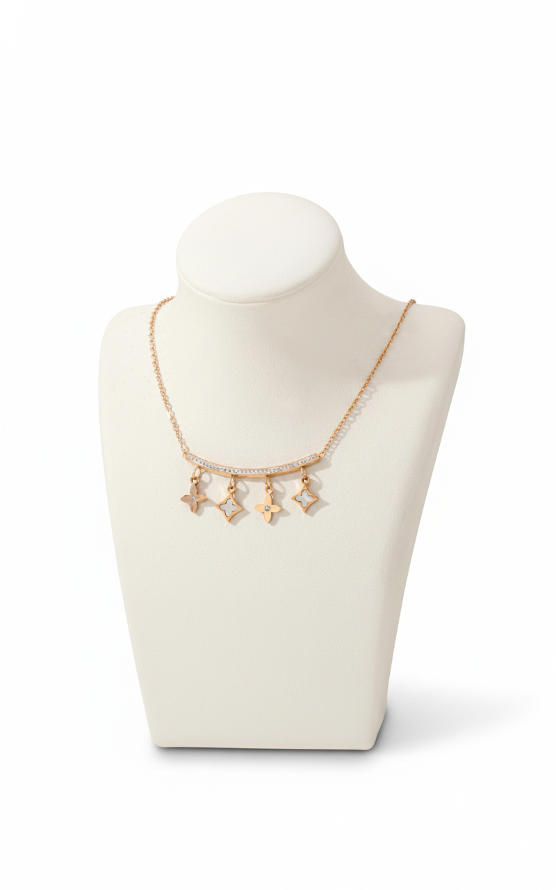 Rose Gold Clover Charm Bar Necklace – Minimal Diamond Accented Jewelry