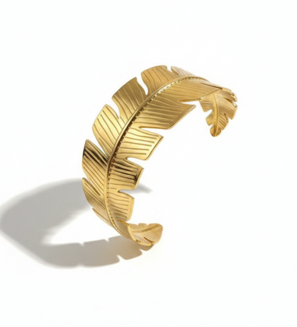 Gold Feather Cuff Bracelet – Elegant Minimal Leaf Designer Bangle for Women