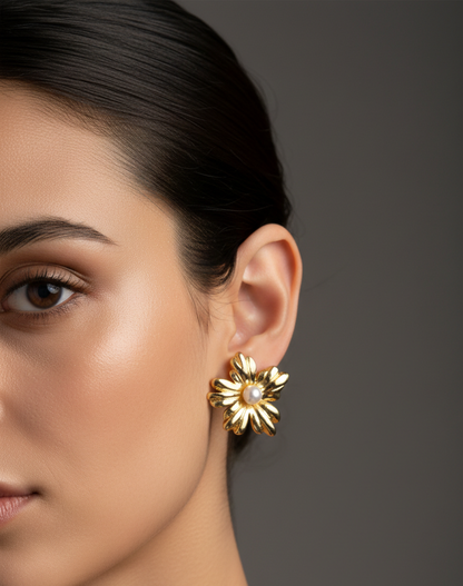 Golden Floral Pearl Stud Earrings – Handcrafted Artisanal Jewellery