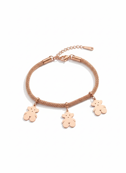 Rose Gold Teddy Bear Charm Bracelet for Women | Adjustable Cute Jewelry