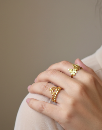 Handcrafted Gold Nature-Inspired Ring Set – Artisanal Leaf & Heart Design