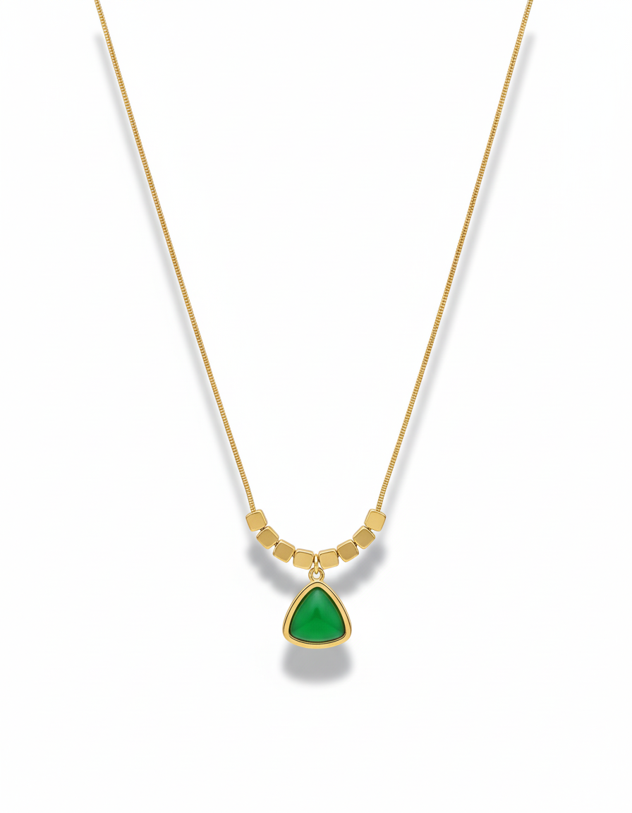 Minimal Artisanal Gold Necklace with Green Gemstone Pendant