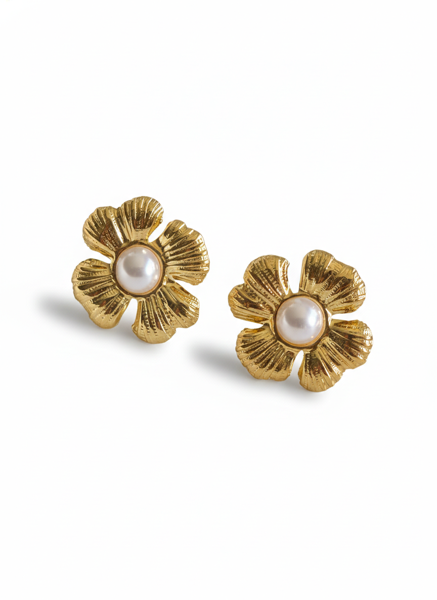 Handcrafted Gold Flower Pearl Stud Earrings – Artisanal Jewellery