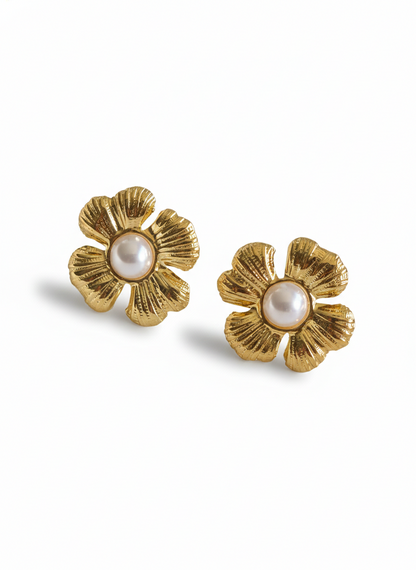 Handcrafted Gold Flower Pearl Stud Earrings – Artisanal Jewellery