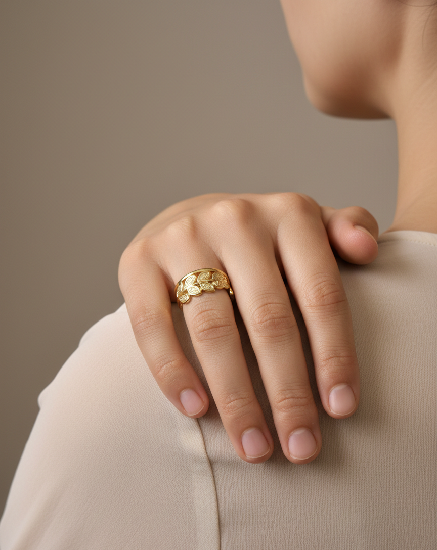 Handcrafted Gold Leaf & Beaded Ring Set – Artisanal Nature-Inspired Design