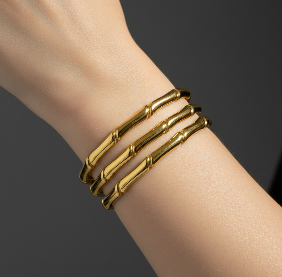 Gold Bamboo Style Cuff Bracelet – Minimal Layered Designer Bangle for Women