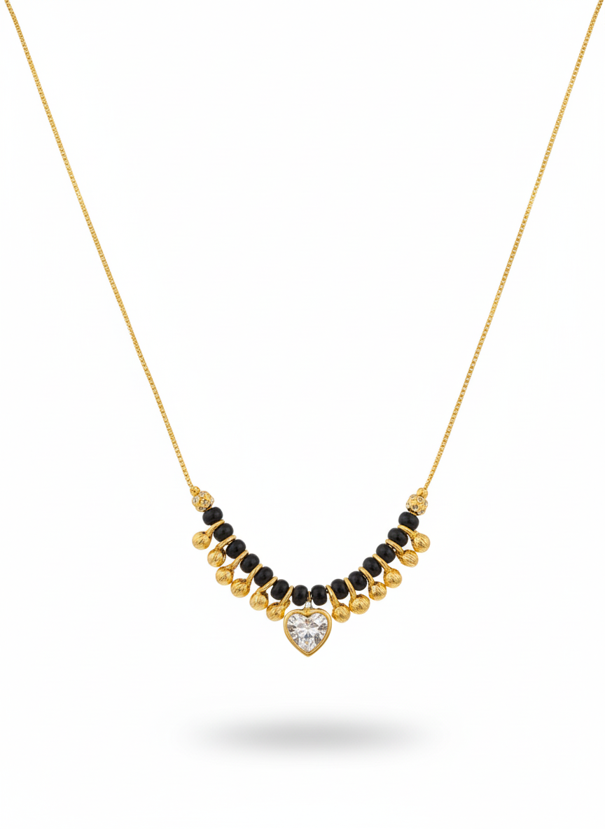 Gold-Plated Heart Pendant Mangalsutra Necklace with Black Beads