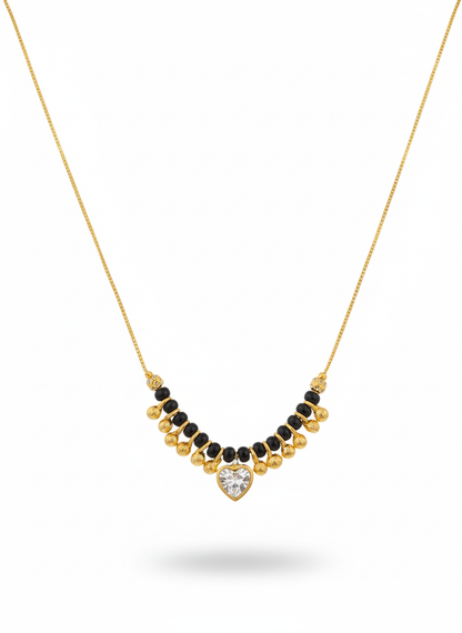 Gold-Plated Heart Pendant Mangalsutra Necklace with Black Beads