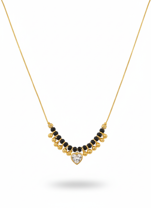 Gold-Plated Heart Pendant Mangalsutra Necklace with Black Beads