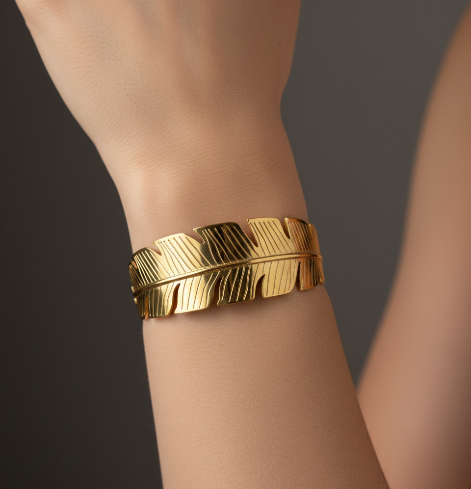 Gold Feather Cuff Bracelet – Elegant Minimal Leaf Designer Bangle for Women