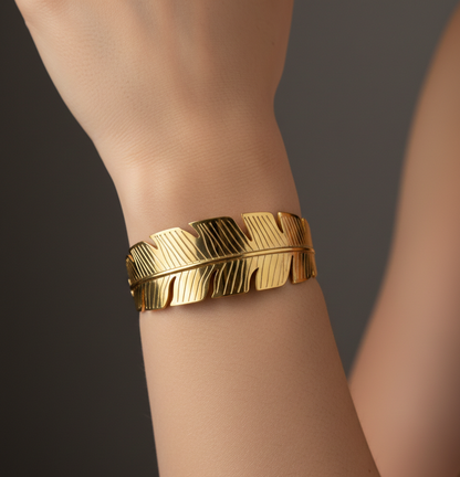 Gold Feather Cuff Bracelet – Elegant Minimal Leaf Designer Bangle for Women
