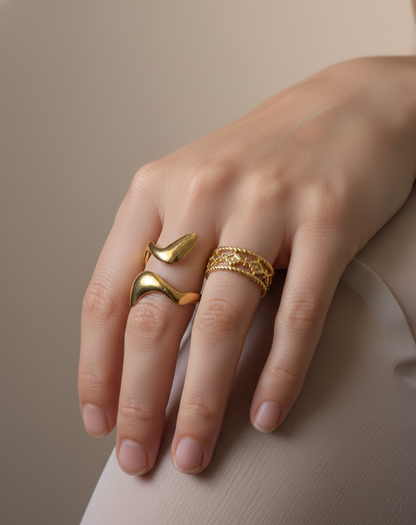 Handcrafted Gold Wave & Geometric Ring Set – Modern Artisanal Design