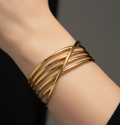 Gold Criss-Cross Cuff Bracelet – Minimalist Multi-Layer Bangle for Women